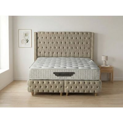 Set pat tapițat Athena 140x200 cm bej cu somieră rabatabilă, ladă depozitare și saltea inclusă la reducere