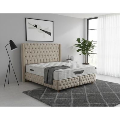 Set pat tapițat Athena 160x200 cm bej cu somieră rabatabilă, ladă depozitare și saltea inclusă