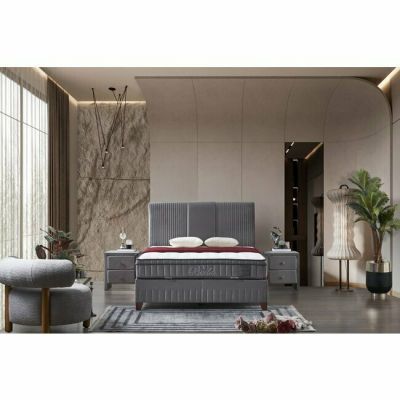 Set Pat Tapițat Bella + Saltea, ladă depozitare, tapițerie catifea premium, structură metal + PAL, 140x200 cm, Gri