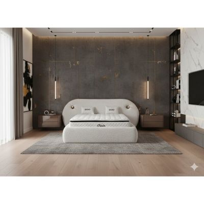 Set pat tapițat Dojo 160x200 cm crem cu somieră rabatabilă, ladă depozitare și saltea inclusă