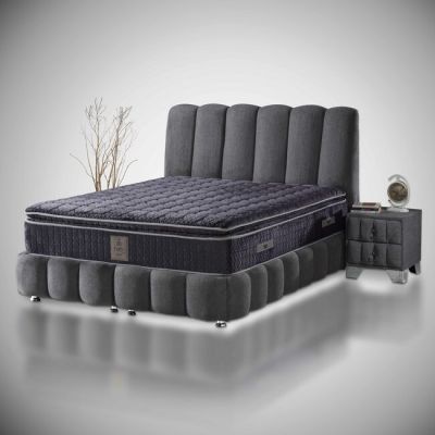 Set pat tapițat Hermes 160x200 cm gri cu somieră rabatabilă, ladă depozitare și saltea inclusă