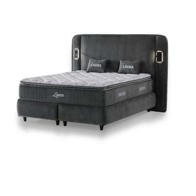 Set pat tapițat Laura 160x200 cm gri cu somieră rabatabilă, ladă depozitare și saltea inclusă