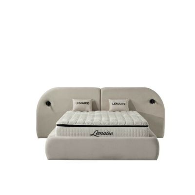 Set pat tapițat Lemaire 160x200 cm crem cu somieră rabatabilă, saltea si ladă depozitare inclusă