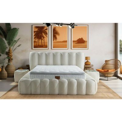 Set pat tapițat Madonna 200x200 cm crem cu somieră rabatabilă, ladă depozitare și saltea inclusă