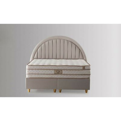 Set pat tapițat Moon 160x200 cm crem cu somieră rabatabilă, ladă depozitare și saltea inclusă