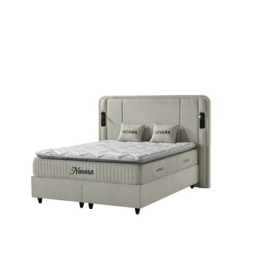 Set pat tapițat Nevara 160x200 cm crem cu somieră rabatabilă, ladă depozitare și saltea inclusă
