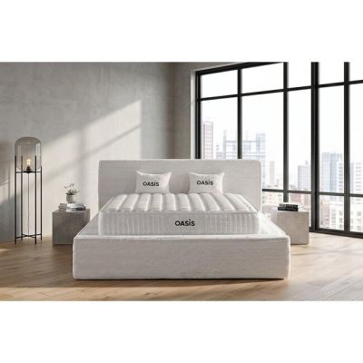 Set pat tapițat OASIS 180x200 cm crem cu somieră rabatabilă, ladă depozitare și saltea inclusă