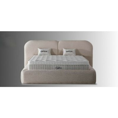 Set pat tapițat Opios 180x200 cm crem cu somieră rabatabilă, ladă depozitare și saltea inclusă