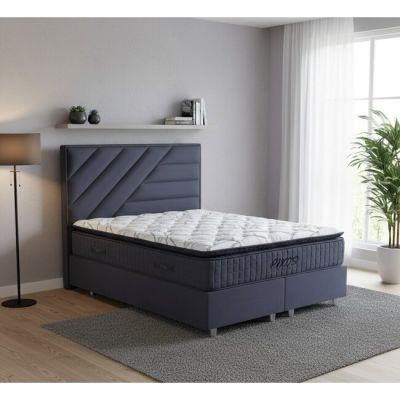 Set pat tapițat Rixos 160x200 cm gri cu somieră rabatabilă, ladă depozitare și saltea inclusă