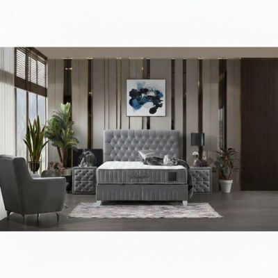 Set pat tapițat Sensitive 140x200 cm gri cu somieră rabatabilă, ladă depozitare și saltea inclusă, înălțime 30 cm