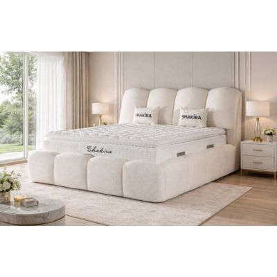 Set pat tapițat Shakira 160x200 cm crem cu somieră rabatabilă, ladă depozitare și saltea inclusă