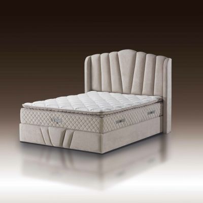 Set pat tapițat Vega 160x200 cm crem cu somieră rabatabilă, ladă depozitare și saltea inclusă