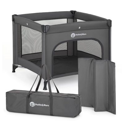 Tarc pliant, Petite&Mars, Nook, 90 x 90 cm, Pliere compacta, Include geanta de transport, Intrare laterala, Pereti din plasa, Structura stabila, Pana la 15 kg, 0 luni+, Gri