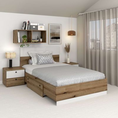 Pat AMBRO cu sertar si saltea inclusa, 120x200, Stejar, Alb