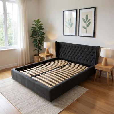 Pat Chesterfield tapitat cu catifea, cu somiera fixa 180x200