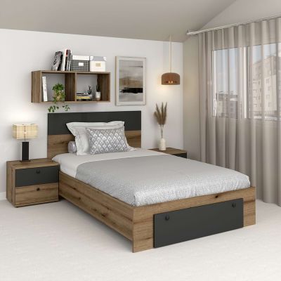 Pat copii AMBRO cu saltea inclusa, 120x200, sertar frontal, Stejar, Antracit