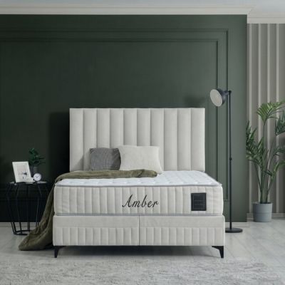 Pat cu saltea Gratis Amber, crem - 180x200 cm, ladă depozitare, design elegant, topper confort, structură metal + lemn + PAL, tapițerie stofă premium