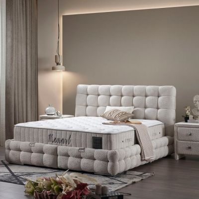 Pat cu saltea Gratis Monart Cu Ladă Depozitare, Stofă Premium, 180x200 cm, Crem