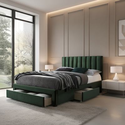 Pat GRACE 160x200, stofa catifelata verde inchis, cu somiera si spatiu depozitare - Default Title