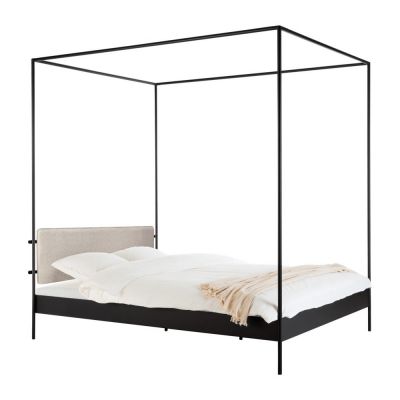 Pat matrimonial negru/bej tapițat din oțel cu baldachin cu somieră 140x200 cm Eton – noo.ma