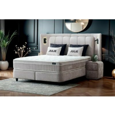 Pat + Saltea Gratis Julie 180x200 Cu LED și Lada Depozitare, Stofă Symphony Pearl, Bej