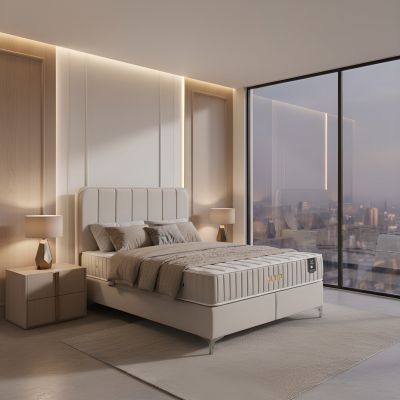 Pat SLEEP 160x200, stofa crem - Luna 01, cu somiera si spatiu depozitare - Default Title