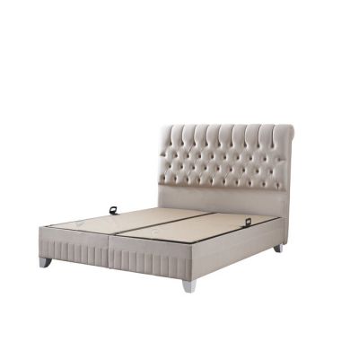 Pat tapițat Lexus, bej - 160x200 cm, ladă depozitare, somieră metalică rabatabilă, structură lemn + PAL