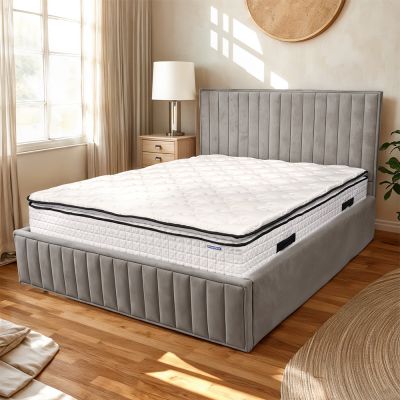 Pat tapitat cu lada de depozitare si cadru metalic, 90x200- Alma