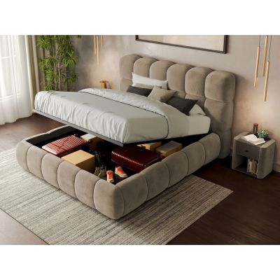 Pat Tapitat Espera tip bubble cu somiera rabatabila si lada de depozitare Bej - Velluto 3 140x200