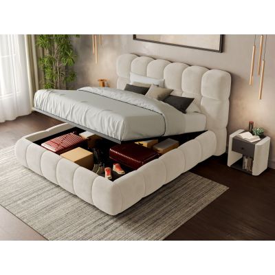 Pat Tapitat Espera tip bubble cu somiera rabatabila si lada de depozitare Crem - Velluto 2 140x200