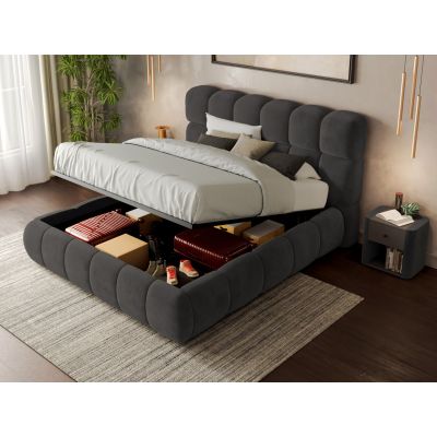 Pat Tapitat Espera tip bubble cu somiera rabatabila si lada de depozitare Gri Inchis - Velluto 19 140x200