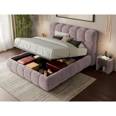 Pat Tapitat Espera tip bubble cu somiera rabatabila si lada de depozitare Roz - Velluto 14 160x200