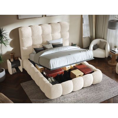 Pat Tapitat Lotus tip bubble cu somiera rabatabila si lada de depozitare Alb - Rolf 4 160x200