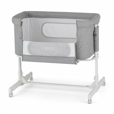 Patut co-sleeper 2 in 1, Feedo, Pliabil, Reglabil in 5 pozitii, Cu laterala detasabila, Cu roti, Greutate maxima suportata 9 kg, 0-5 luni, Gri