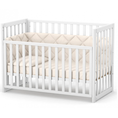 Patut din lemn masiv de fag LD13 pentru copii 0-4 ani, 120x60 cm, cu sina pentru dentitie, inaltimea saltelei reglabila si laterala detasabila, alb