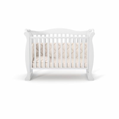 Patut din lemn masiv de fag LD19 pentru copii 0-4 ani, 120x60 cm, cu sina pentru dentitie, inaltimea saltelei reglabila si laterala detasabila, alb