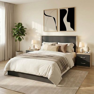 Set 3 buc. dormitor cadru pat si noptiere, Athos, Antracit, 150x206.5x96 cm