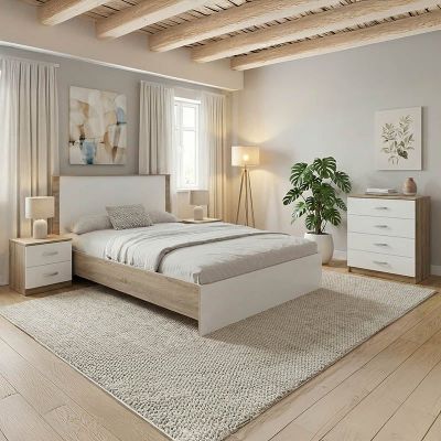 Set 4 buc. dormitor cadru pat si noptiere + comoda, Athos, Alb-Stejar, 150x206.5x96 cm