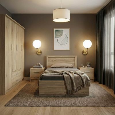 Set 4 buc. dormitor cadru pat si noptiere + comoda, Olympus Sonoma, Stejar, 159x57x183 cm