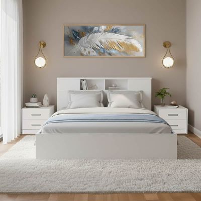 Set de Dormitor cu Pat 140x200 cm, Olympus White, Lemn, Set 3 piese