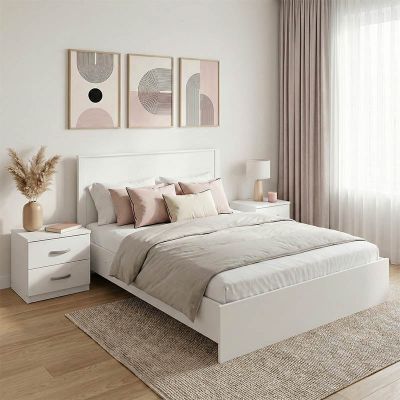 Set dormitor Athos, pat cu spațiu de depozitare, Alb, pat: , Set 3 piese, 140x200 cm
