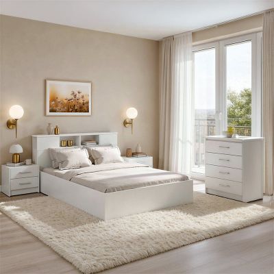 Set dormitor cu pat 140x200 cm Olympus White, Lemn, Set 4 piese