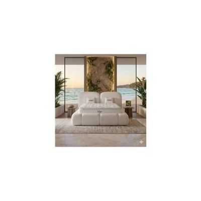 Set pat+ Saltea gratis tapitat Vogo - 200x200 cm, bej, cu somiera rabatabila si lada de depozitare