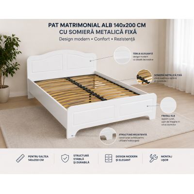 Pat Matrimonial Alb 140x200 cm cu Somiera Metalica Fixa