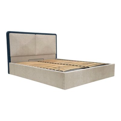 Pat matrimonial albastru/bej tapițat cu spațiu de depozitare cu somieră 180x200 cm Mara – Bobochic Paris