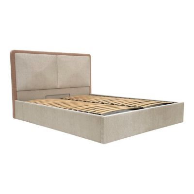 Pat matrimonial bej/roz prăfuit tapițat cu spațiu de depozitare cu somieră 180x200 cm Mara – Bobochic Paris