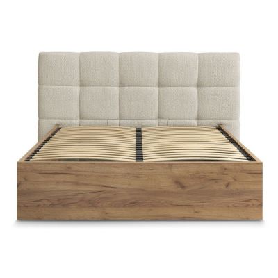 Pat matrimonial bej tapițat/din placă aglomerată de lemn tapițat cu spațiu de depozitare cu somieră 180x200 cm Kumo – Bobochic Paris
