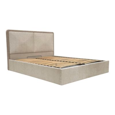 Pat matrimonial bej/taupe tapițat cu spațiu de depozitare cu somieră 160x200 cm Mara – Bobochic Paris