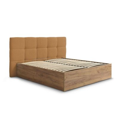 Pat matrimonial galben ocru tapițat/din placă aglomerată de lemn tapițat cu spațiu de depozitare cu somieră 160x200 cm Kumo – Bobochic Paris