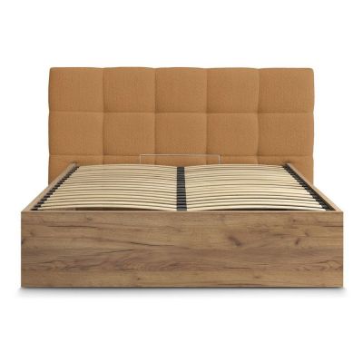 Pat matrimonial galben ocru tapițat/din placă aglomerată de lemn tapițat cu spațiu de depozitare cu somieră 160x200 cm Kumo – Bobochic Paris